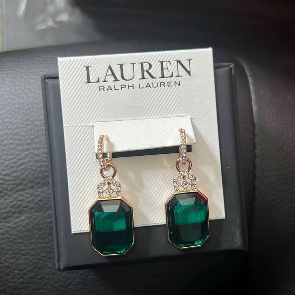 Lauren Ralph Lauren Gold Emerald Green Cubic Zirconia Paved Dangle Drop Earrings